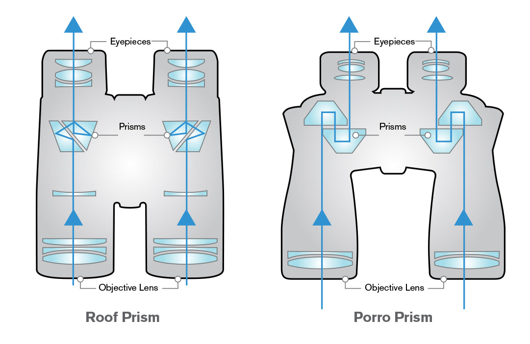 Binocular prism types: roof vs. porro - light path diagram